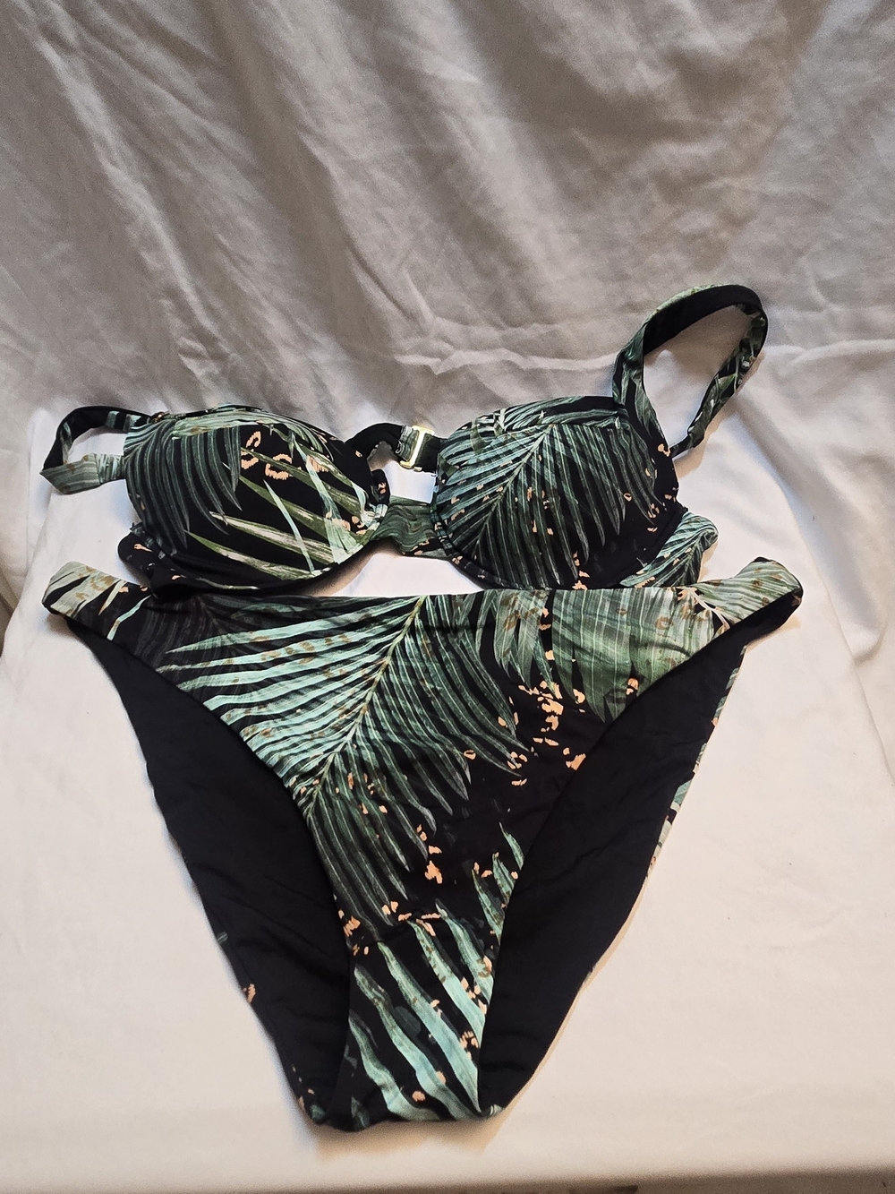 Tropical Palm Print Underwire Bikini Set - Green